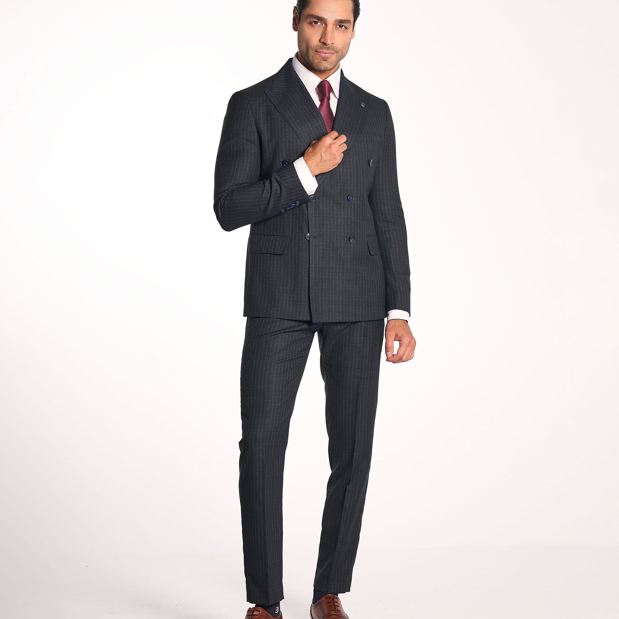 Anzug Slim Fit Schwarz | 2-teilig, gestreift, doppelreihig