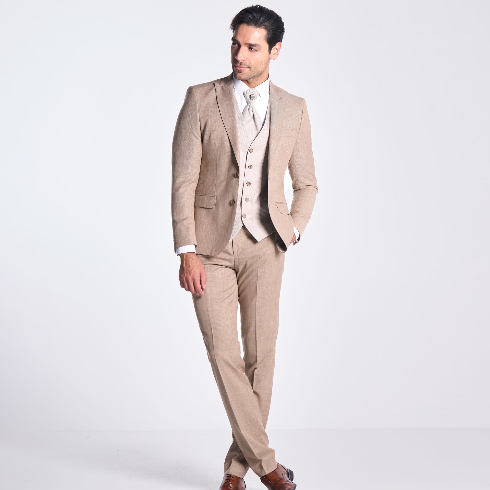 Anzug Slim Fit Beige | 3-teilig, gemusterte Weste