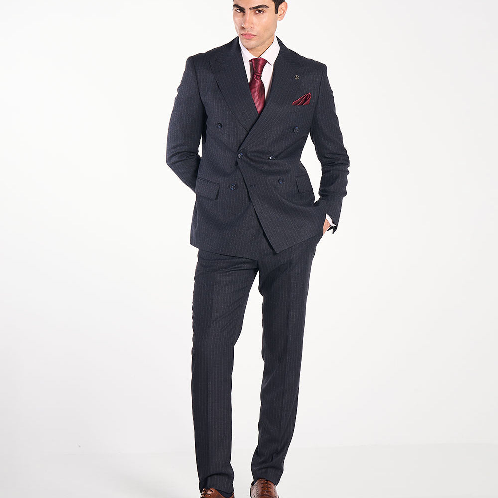 Anzug Regular Fit Dunkelblau | 2-teilig, gestreift, doppelreihig