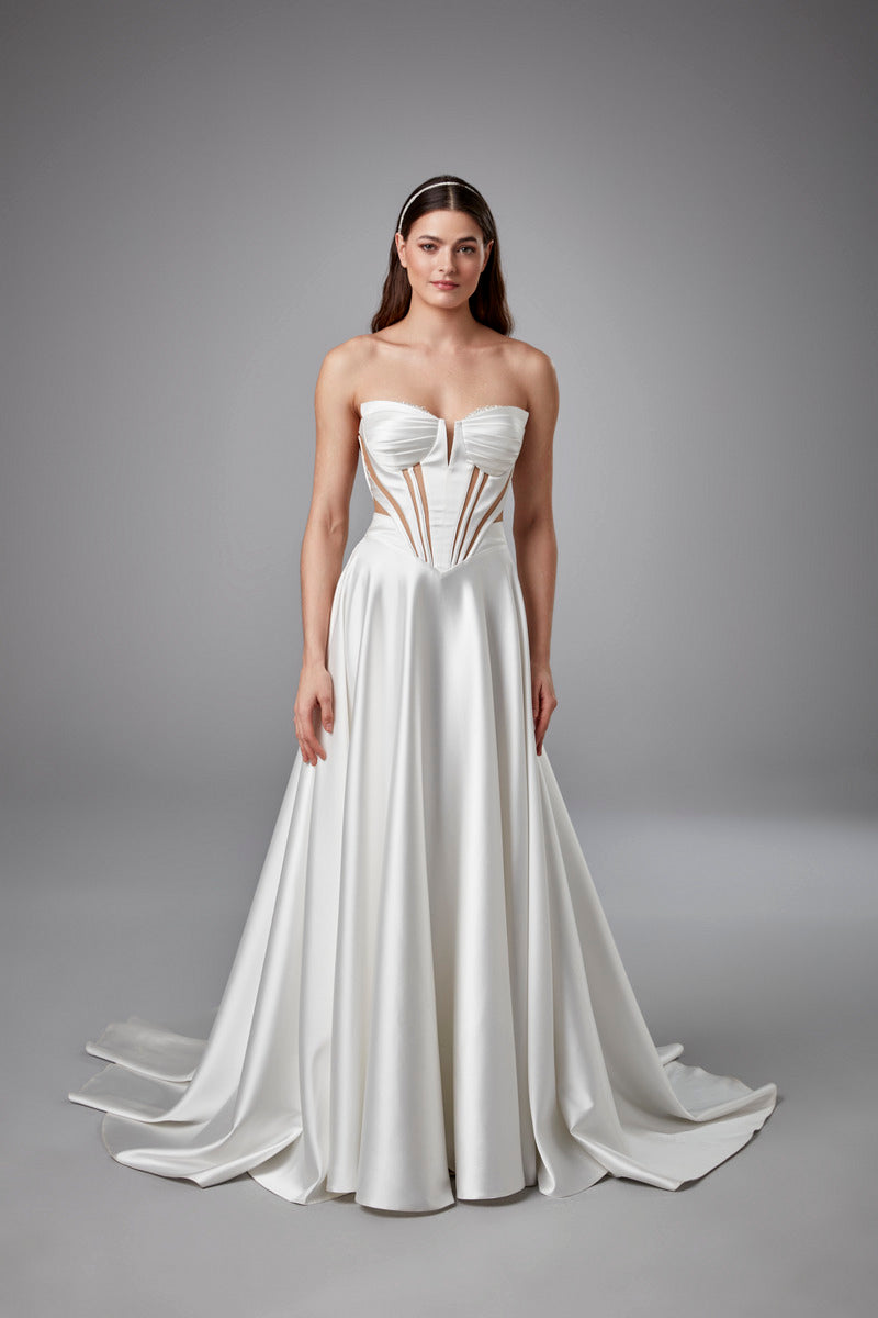 Schlichtes Brautkleid A-Linie Brautkleider lang Satingewebe Etui- elfenbeinfarbe Standesamtkleid