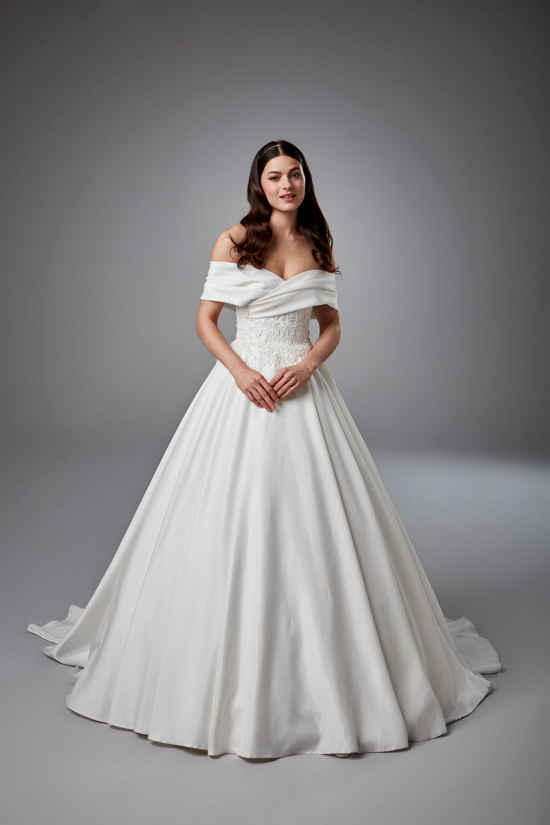 Taillenkleider für Das Satin -Imperium von Frauen im Reich von Schulterboden Hochzeitskleid Weiße