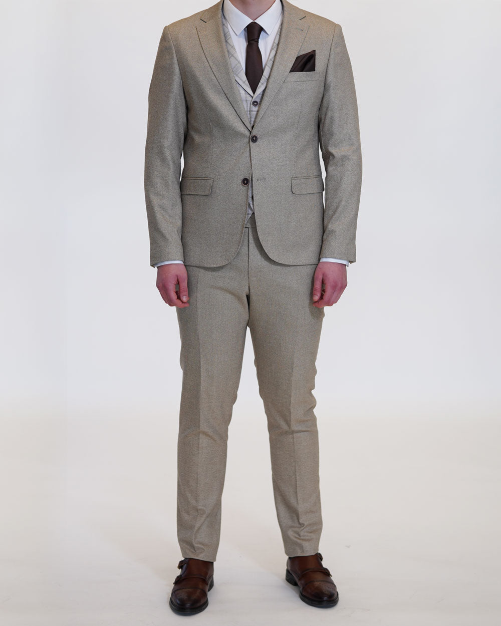 Anzug Slim Fit Beige | 3-teilig, karierte Weste
