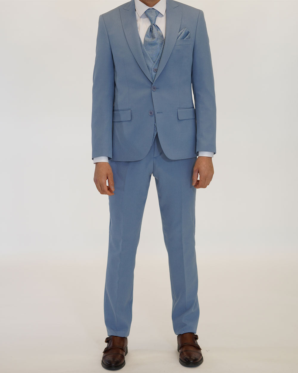 Hochzeitsanzug Slim Fit Hellblau | 3-teilig, gemusterte Weste