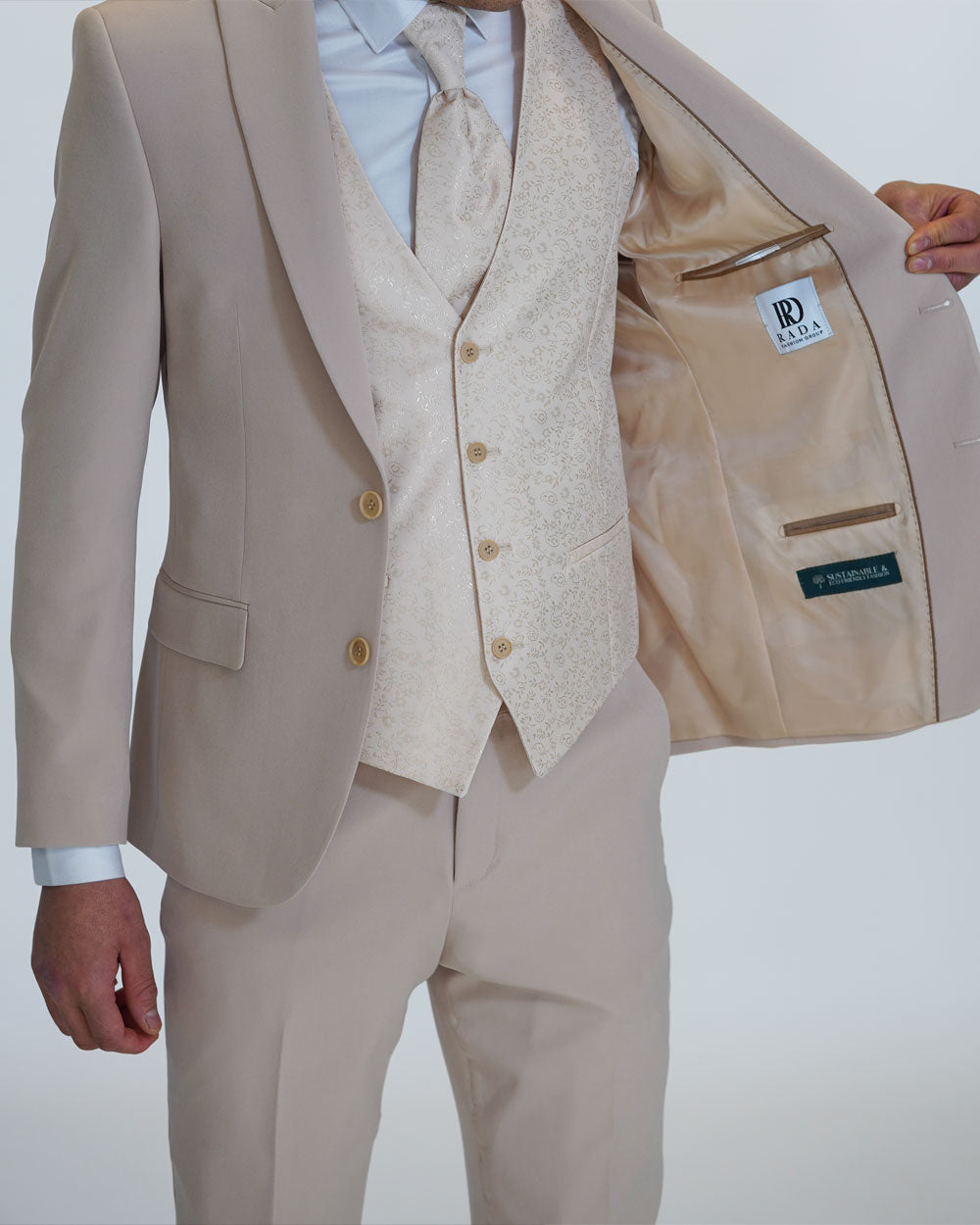 Hochzeitsanzug Slim Fit Beige | 3-teilig, gemusterte Weste