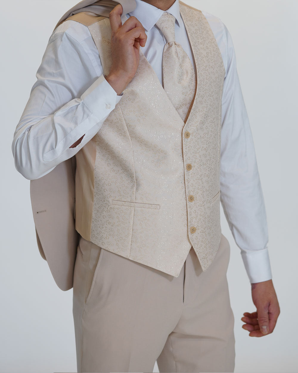 Hochzeitsanzug Slim Fit Beige | 3-teilig, gemusterte Weste