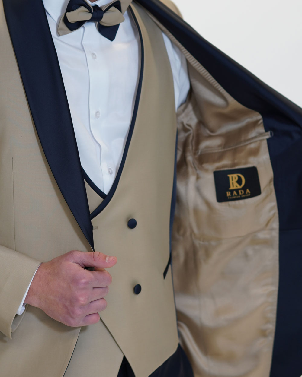 Smoking Regular Fit Beige-Dunkelblau | 3-teilig, Wolle