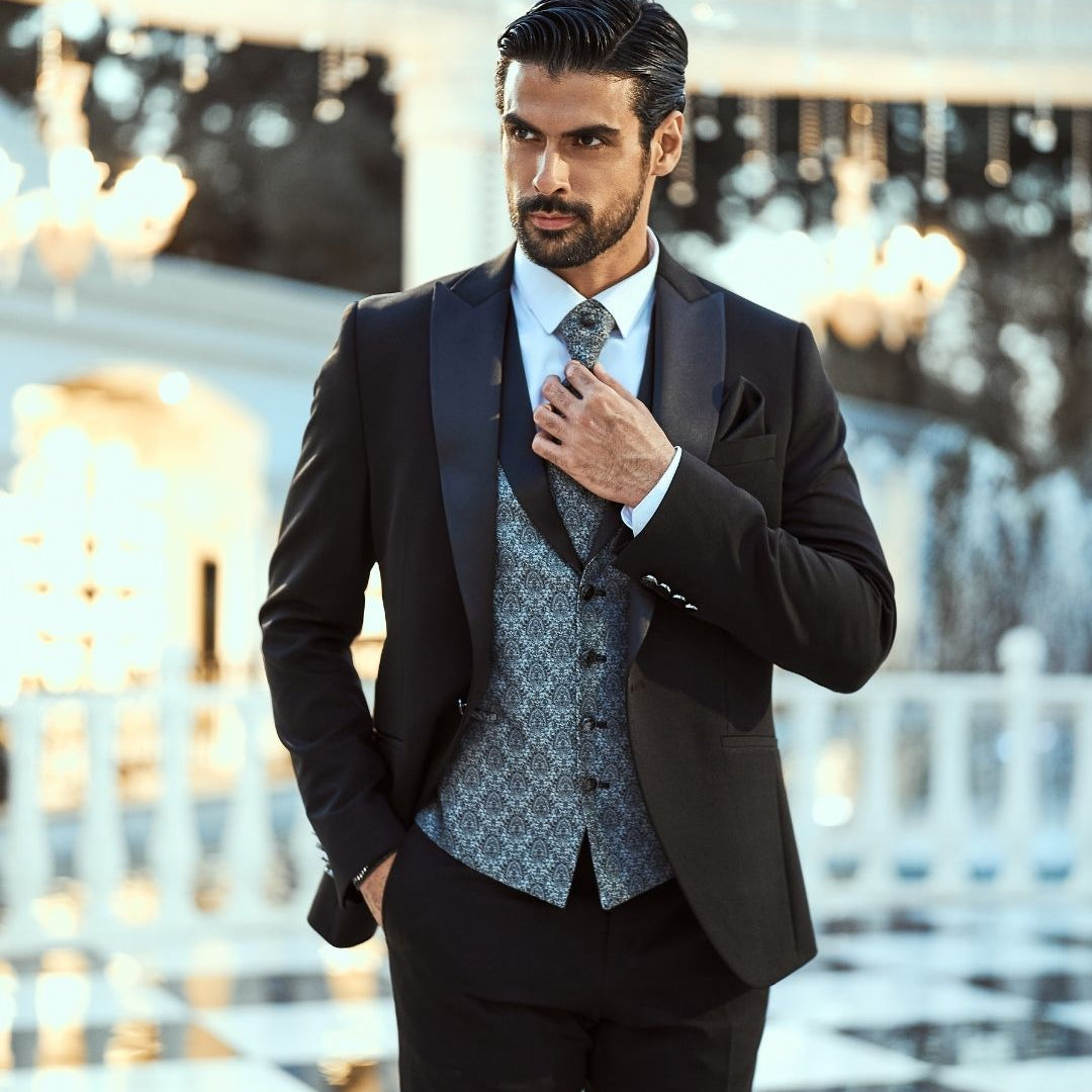 🕴 Eleganter 3-teiliger Smoking in Schwarz mit gemusterter Weste & Krawatte