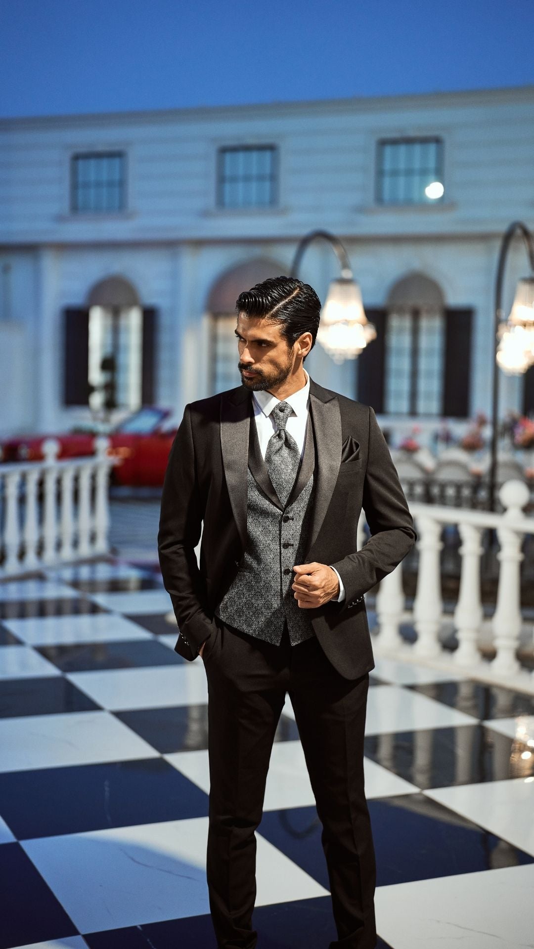 🕴 Eleganter 3-teiliger Smoking in Schwarz mit gemusterter Weste & Krawatte