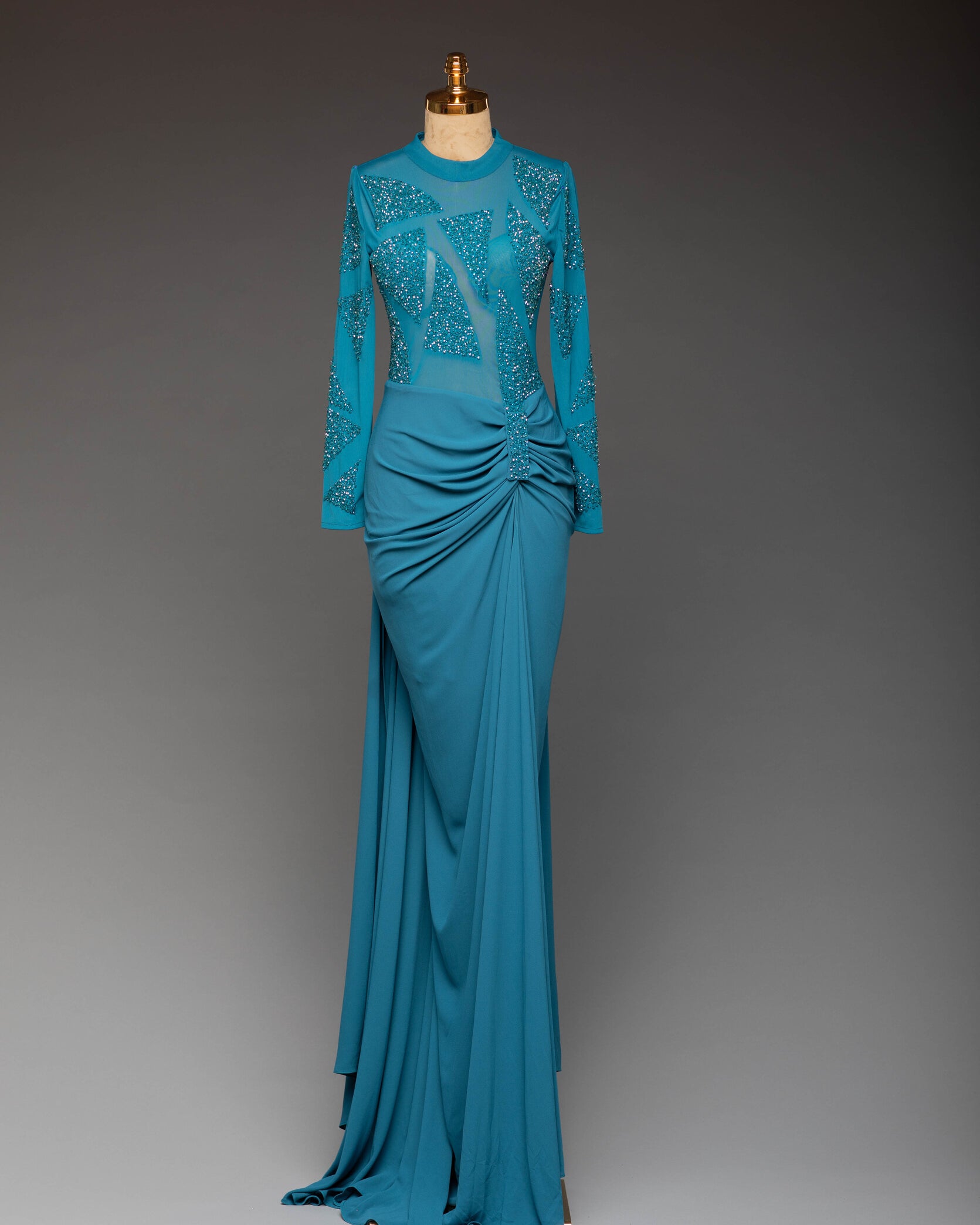 Abendkleid Petrolblau | Langarm und Elegant