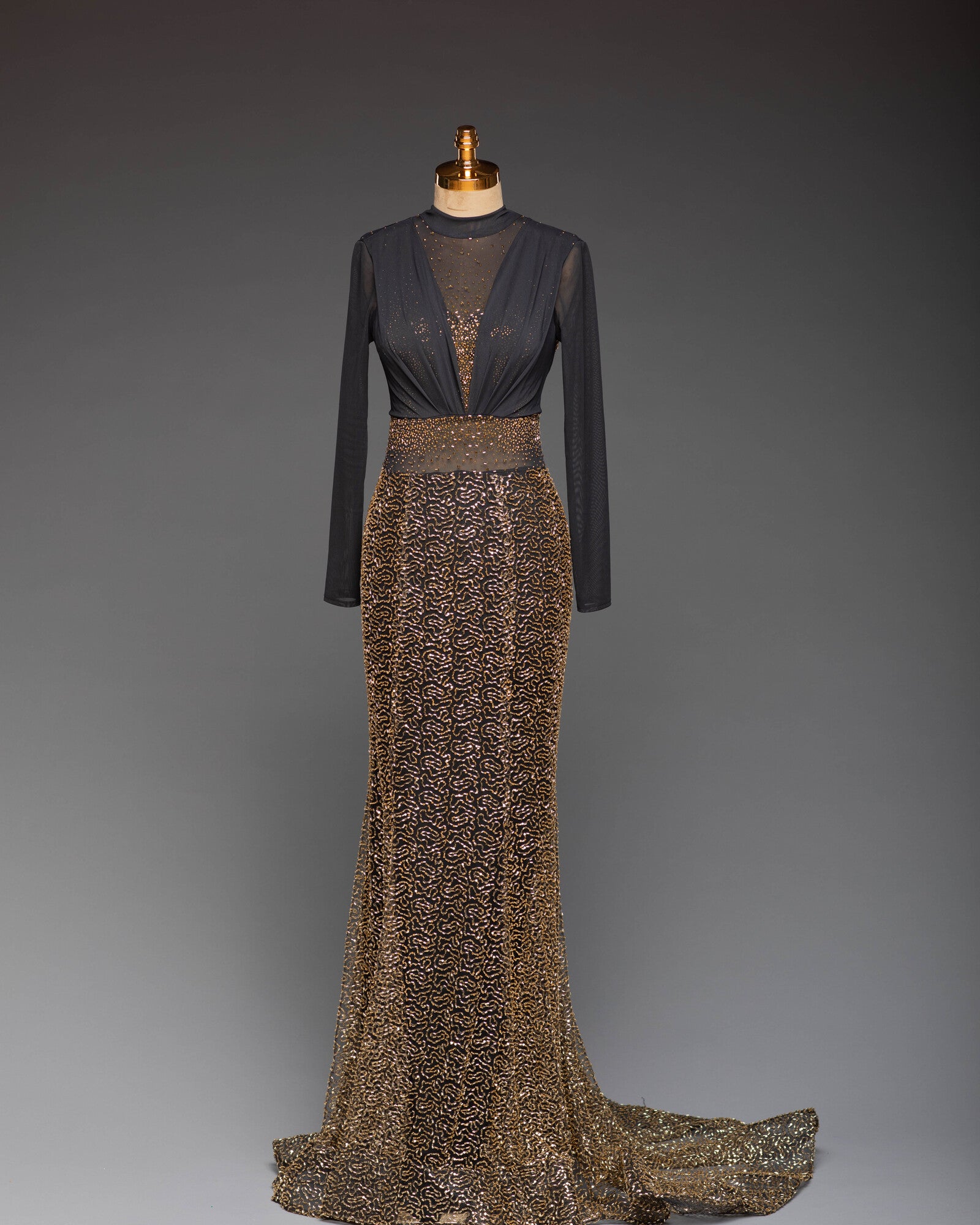 Abendkleid Gold-Schwarz | Bodenlang mit Spitze