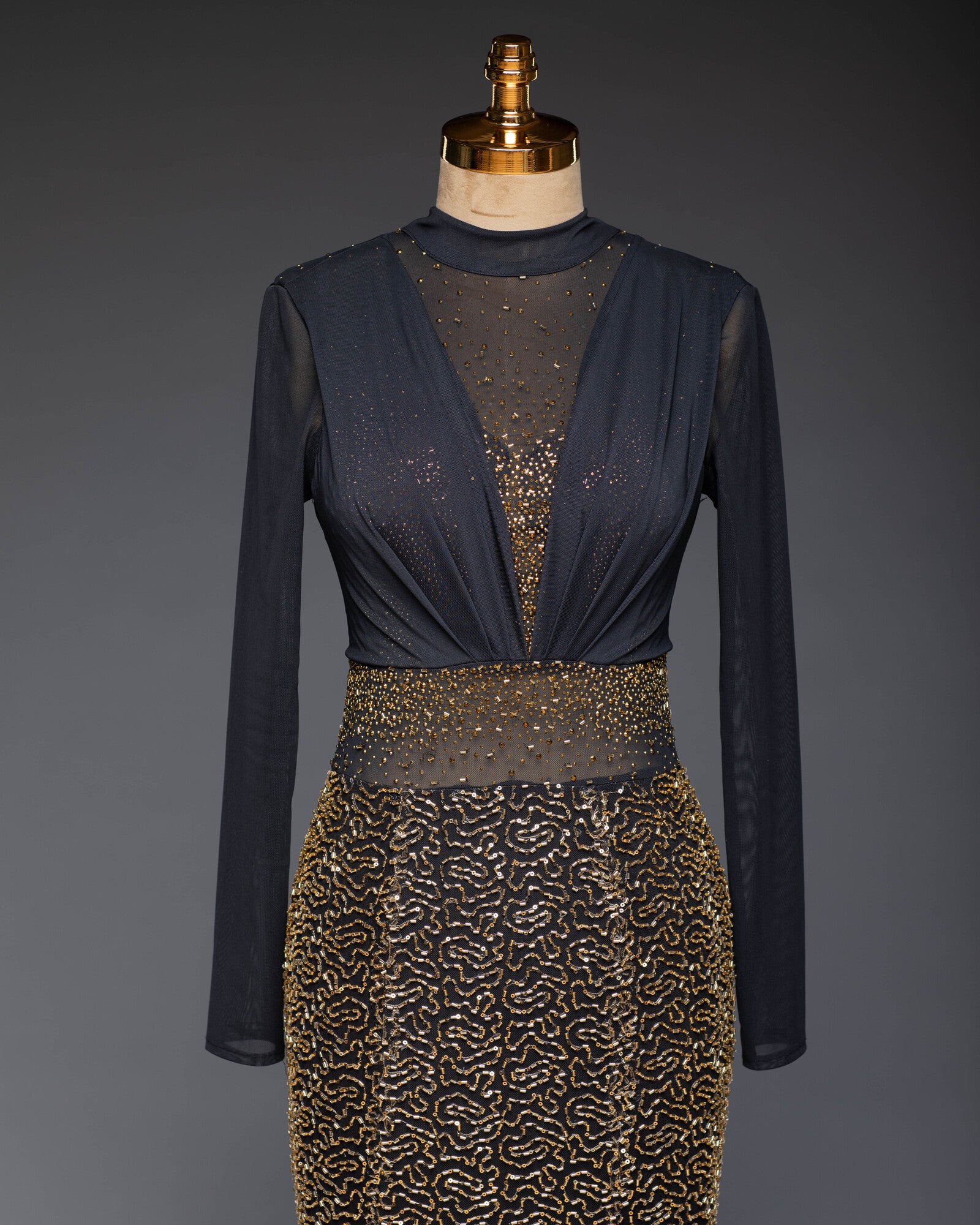 Abendkleid Gold-Schwarz | Bodenlang mit Spitze