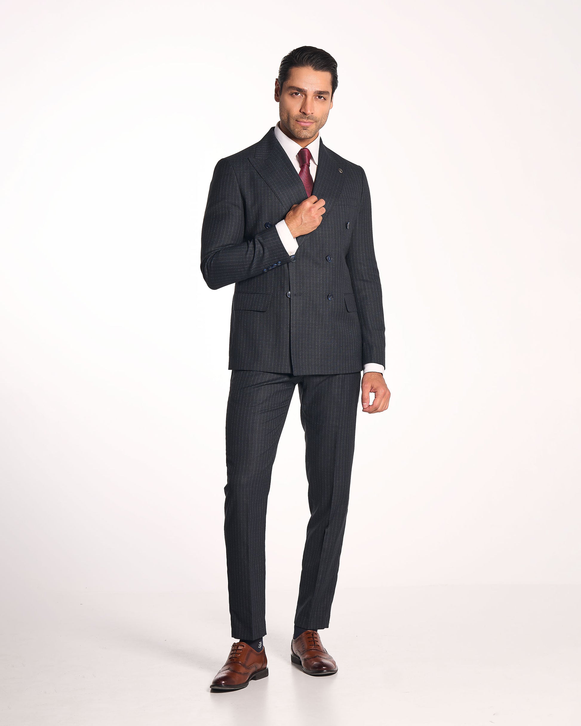 Anzug Slim Fit Schwarz | 2-teilig, gestreift, doppelreihig