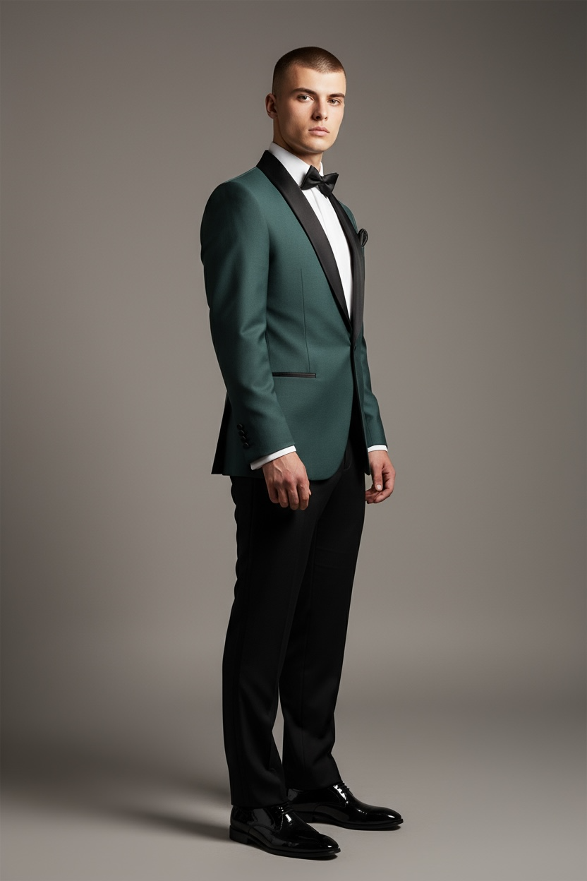 Exklusiver 3-teiliger Smoking in Grün-Schwarz aus edler Wolle