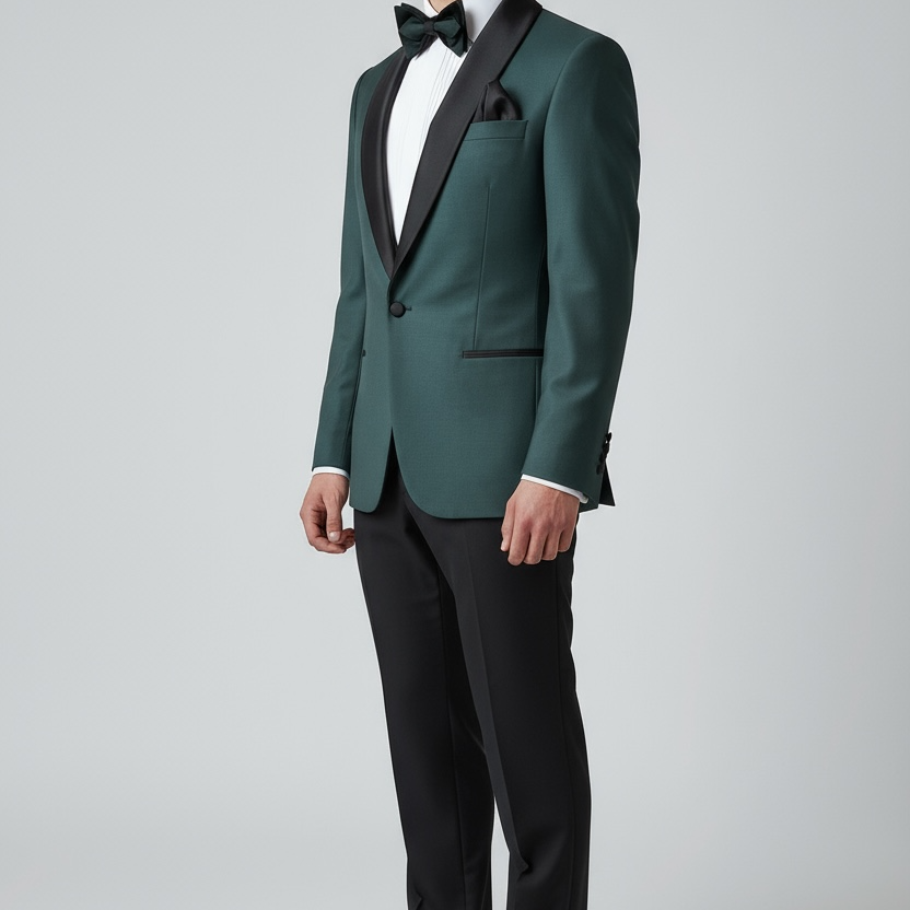 Exklusiver 3-teiliger Smoking in Grün-Schwarz aus edler Wolle