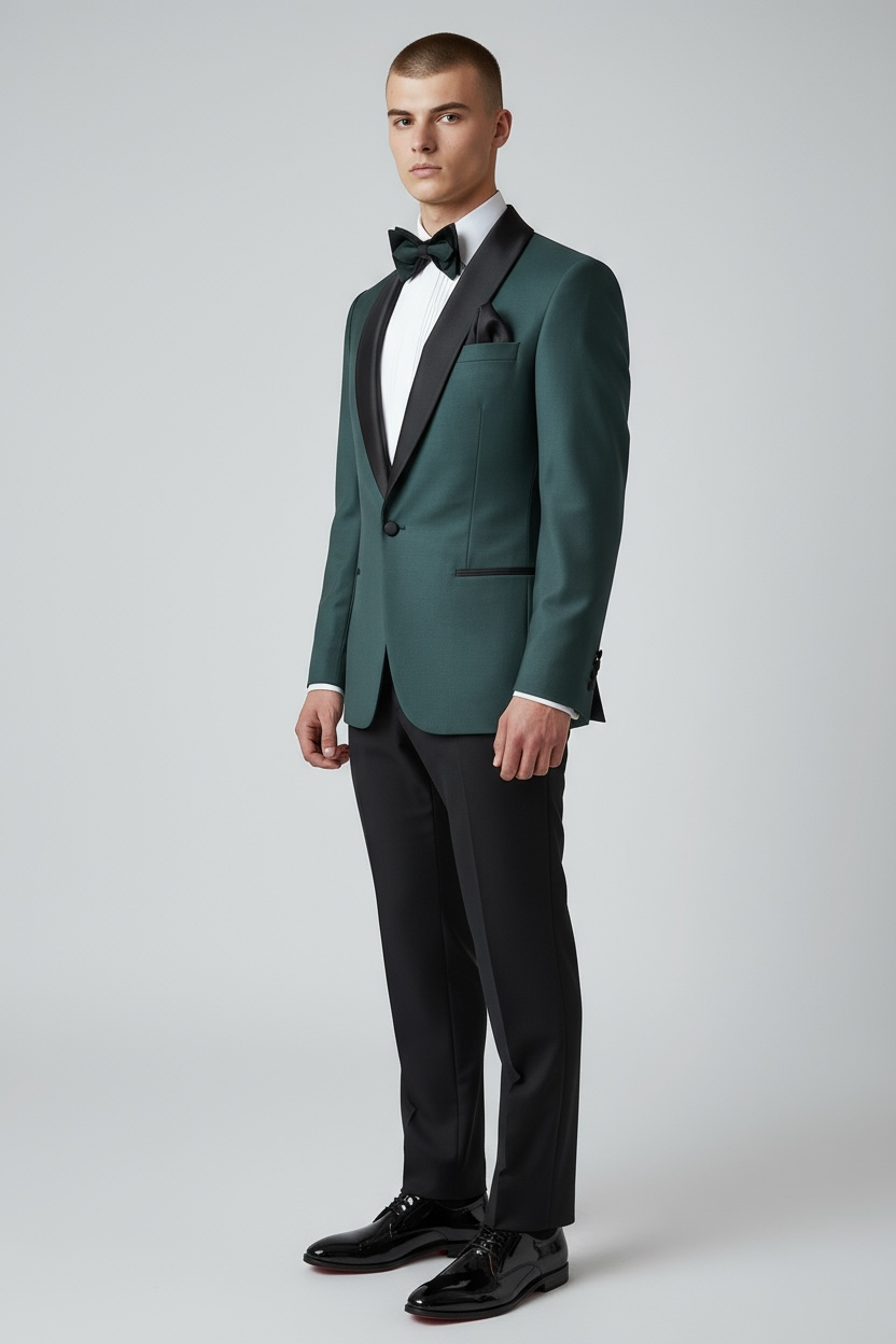 Exklusiver 3-teiliger Smoking in Grün-Schwarz aus edler Wolle
