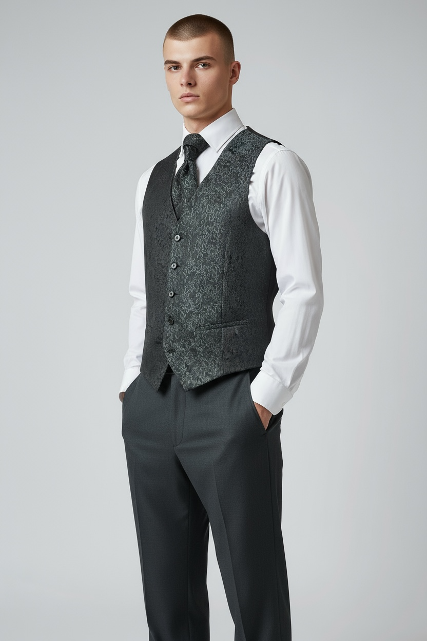 Exklusiver 3-teiliger Smoking in Grün mit gemusterter Weste