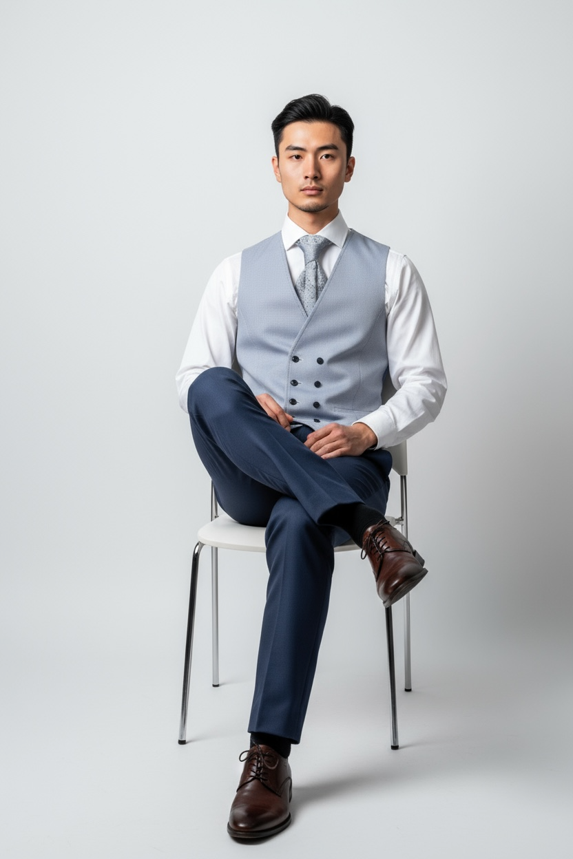 Eleganter 3-teiliger Anzug in Dunkelblau mit schön gemusterter Weste