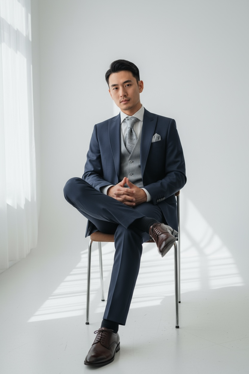 Eleganter 3-teiliger Anzug in Dunkelblau mit schön gemusterter Weste