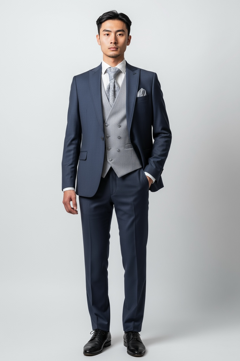 Eleganter 3-teiliger Anzug in Dunkelblau mit schön gemusterter Weste