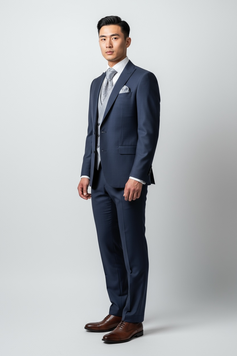 Eleganter 3-teiliger Anzug in Dunkelblau mit schön gemusterter Weste