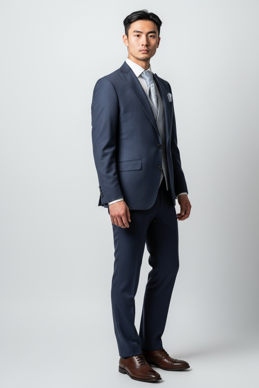 Eleganter 3-teiliger Anzug in Dunkelblau mit schön gemusterter Weste