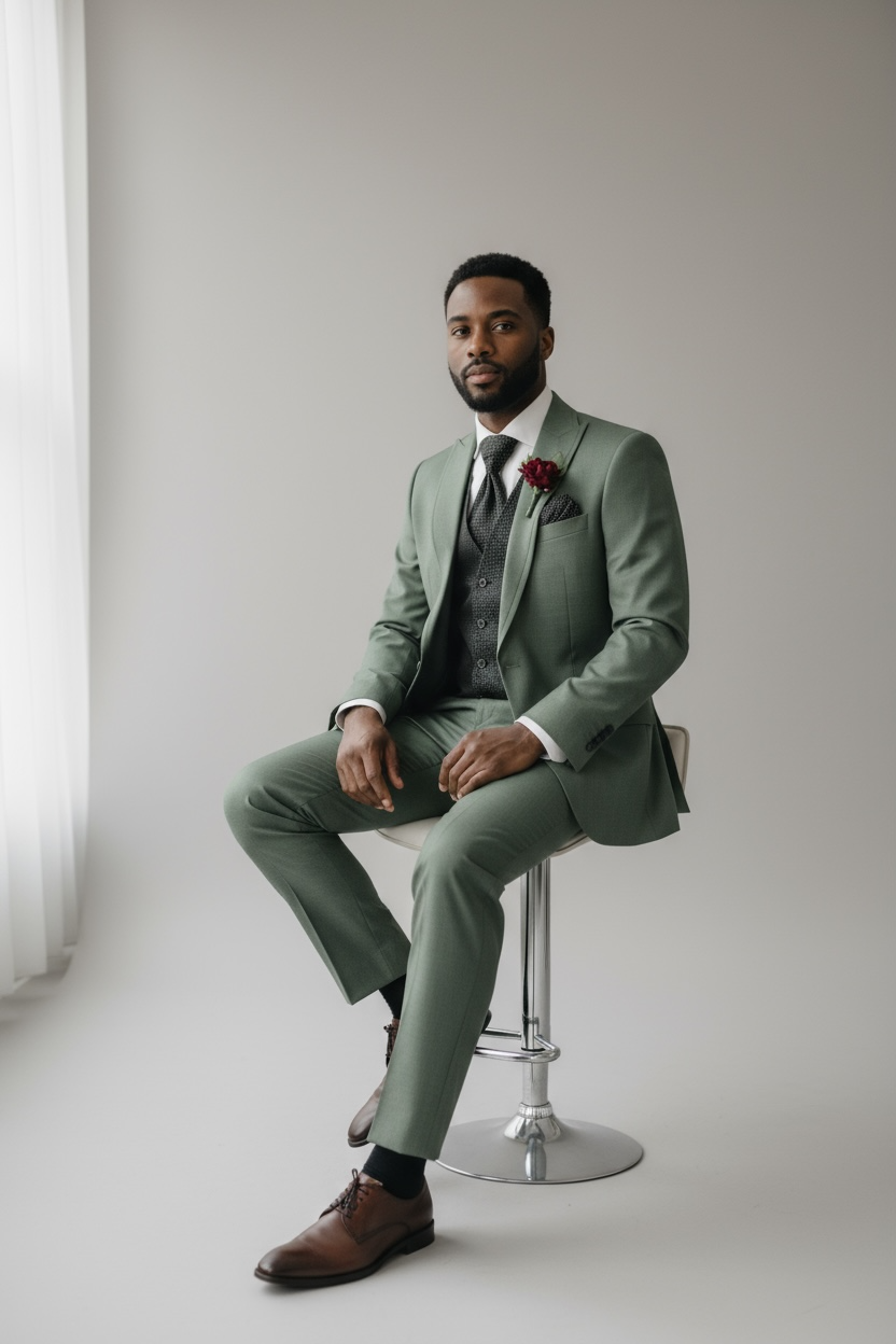 Eleganter 3-teiliger Anzug in Hellgrün mit gemusterter Weste