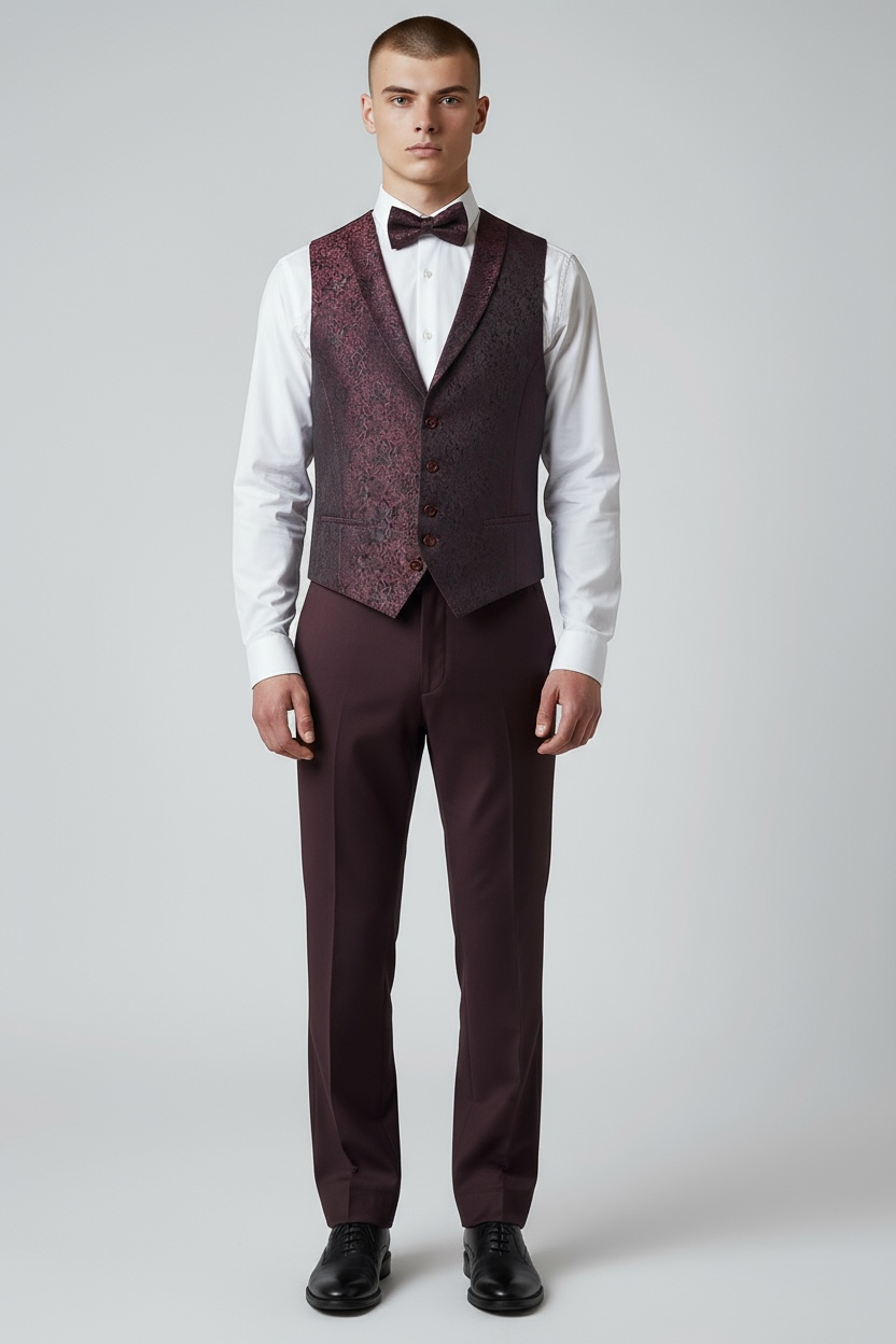 Eleganter 3-teiliger Anzug in Bordeaux mit gemusterter Weste