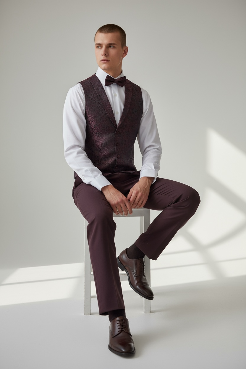Eleganter 3-teiliger Anzug in Bordeaux mit gemusterter Weste