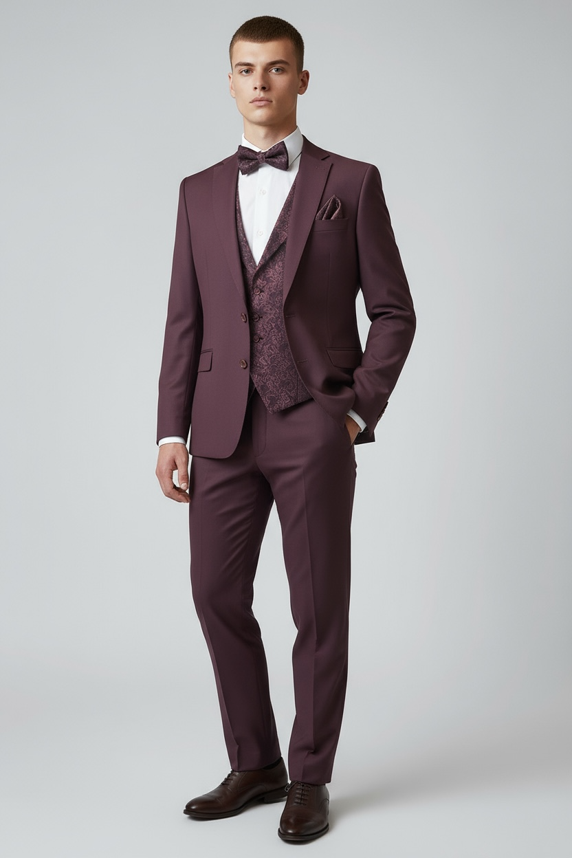 Eleganter 3-teiliger Anzug in Bordeaux mit gemusterter Weste