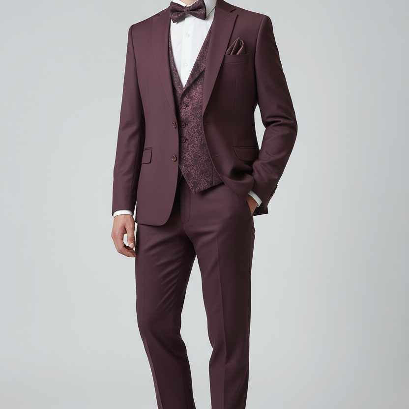 Eleganter 3-teiliger Anzug in Bordeaux mit gemusterter Weste