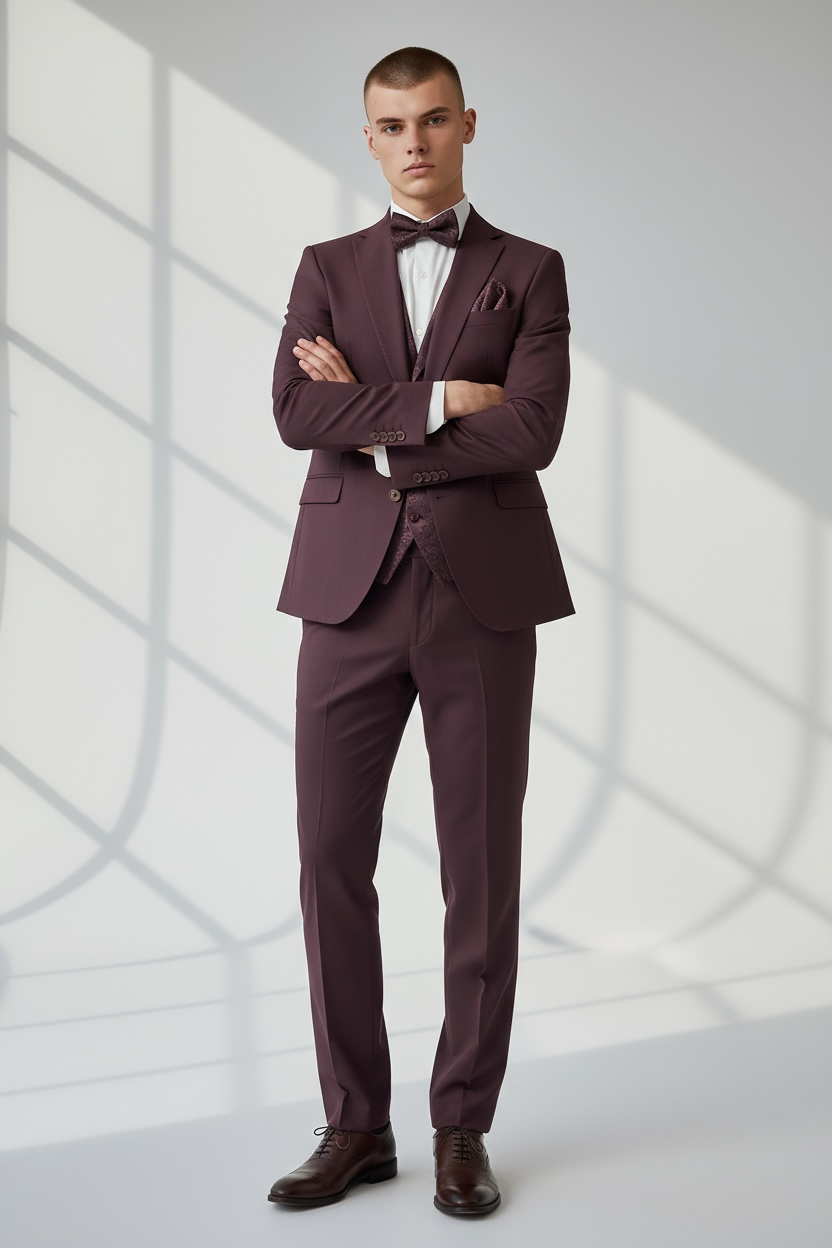 Eleganter 3-teiliger Anzug in Bordeaux mit gemusterter Weste