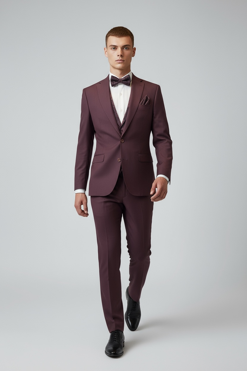 Eleganter 3-teiliger Anzug in Bordeaux mit gemusterter Weste