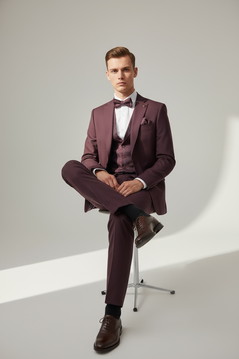 Eleganter 3-teiliger Anzug in Bordeaux mit gemusterter Weste