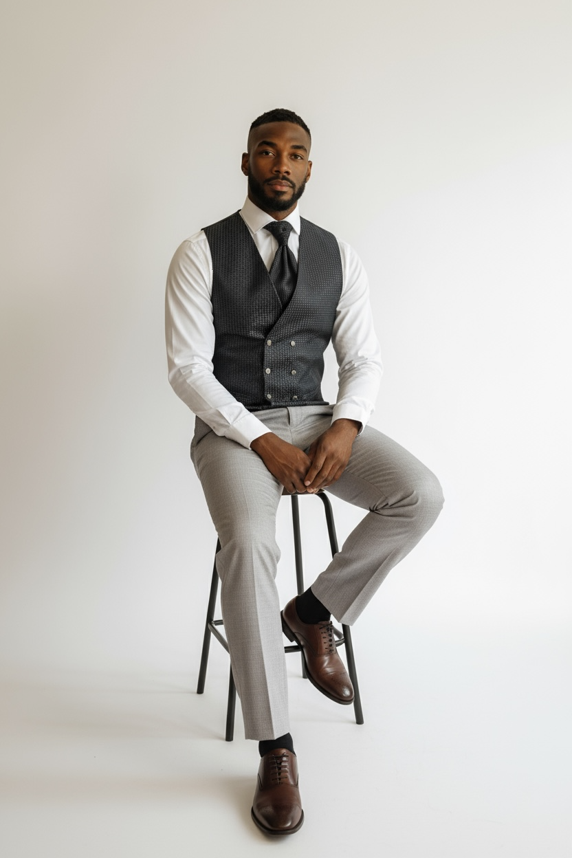 Eleganter 3-teiliger Anzug in Beige mit braun gemusterter Weste