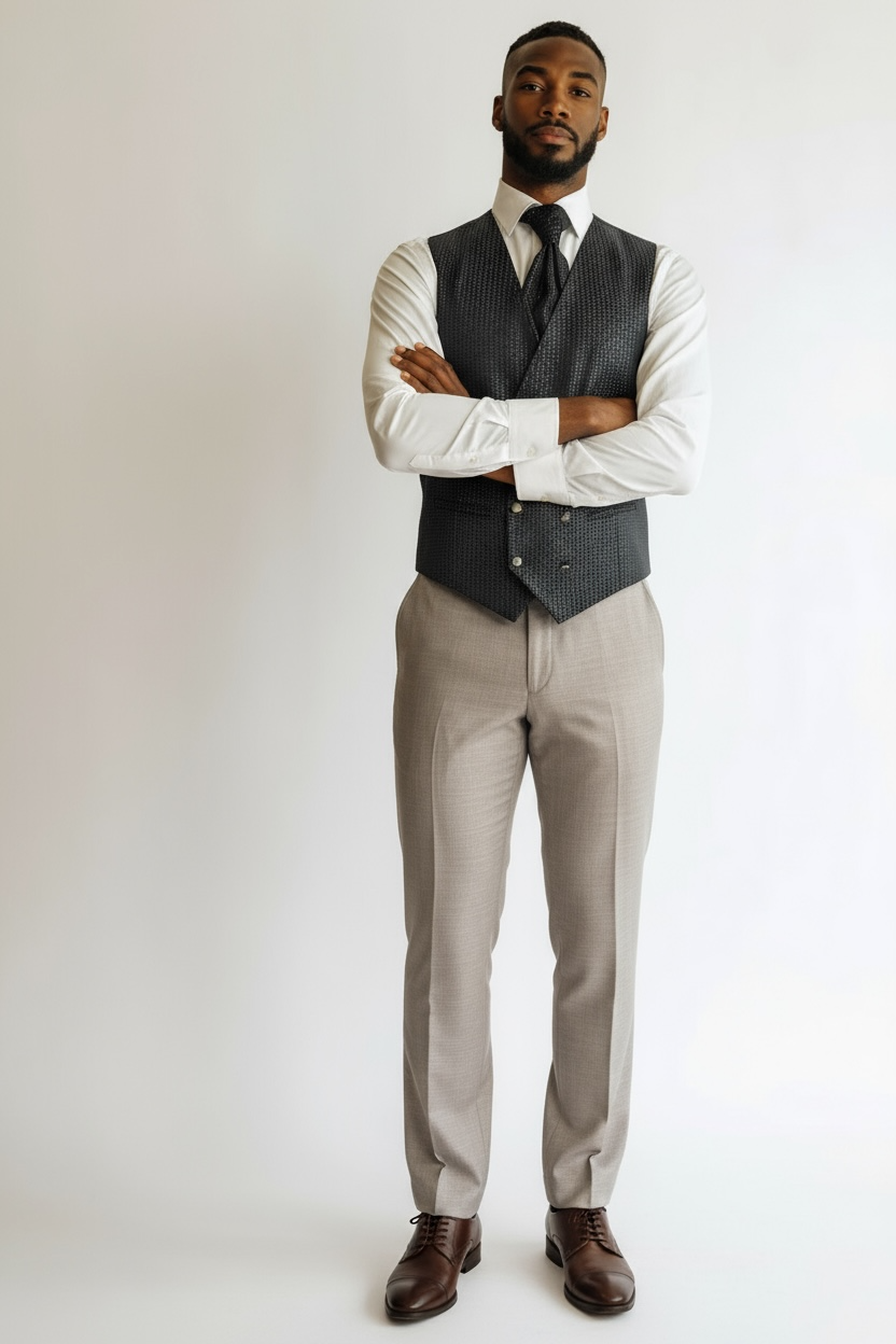 Eleganter 3-teiliger Anzug in Beige mit braun gemusterter Weste