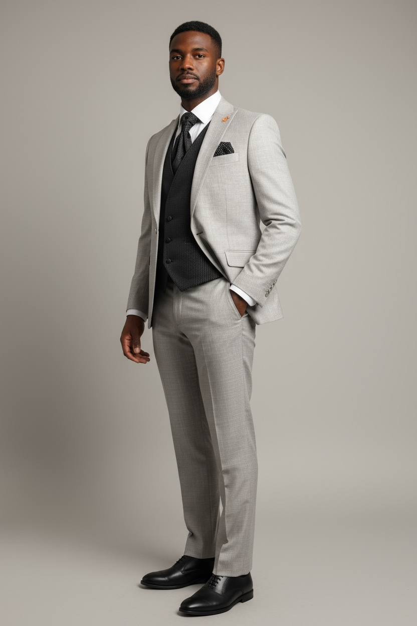 Eleganter 3-teiliger Anzug in Beige mit braun gemusterter Weste