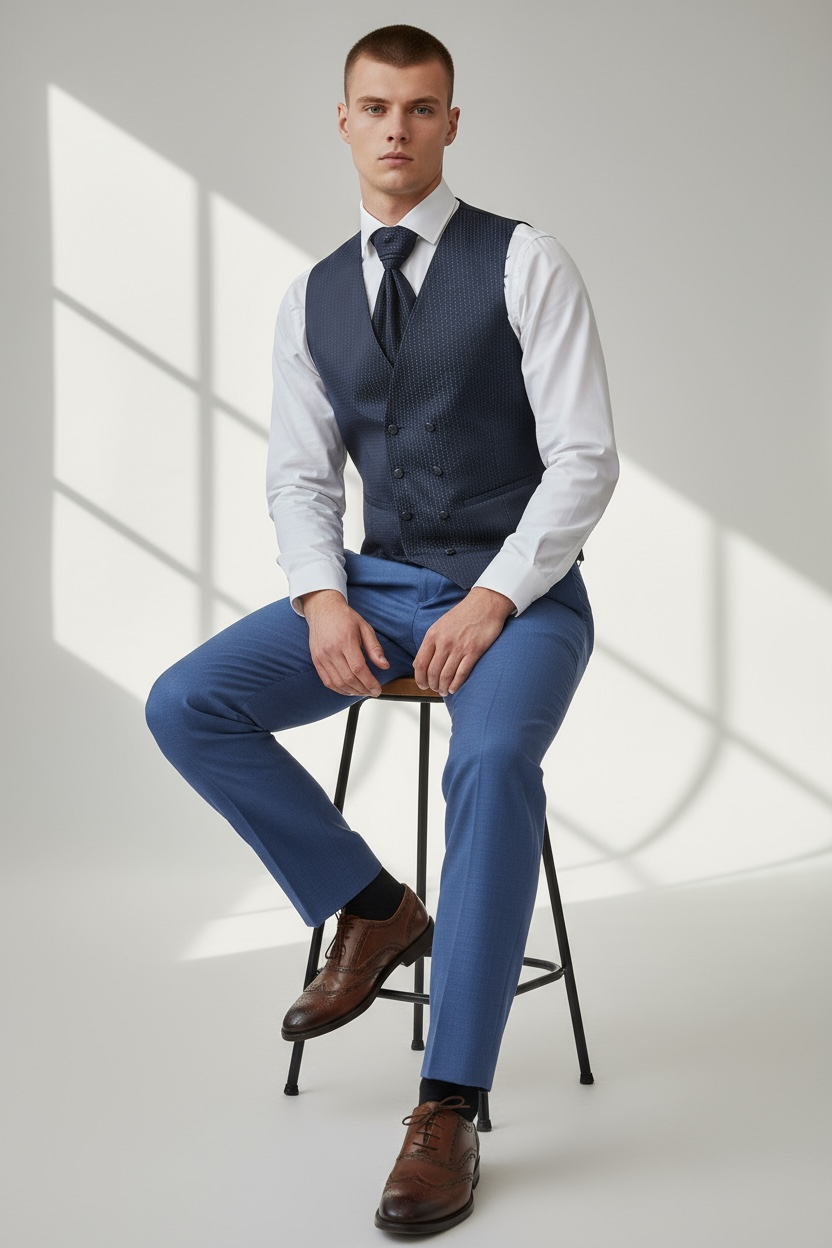 Eleganter 3-teiliger Anzug in Blau mit gemusterter Weste