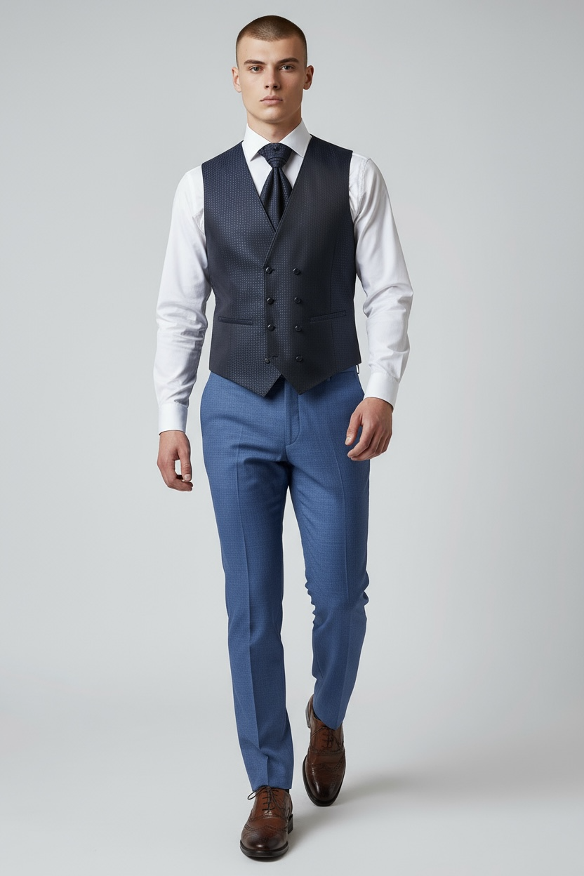 Eleganter 3-teiliger Anzug in Blau mit gemusterter Weste