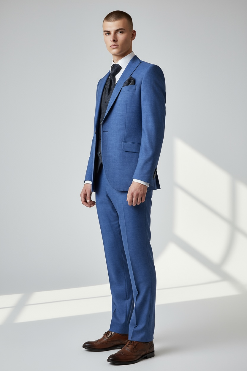 Eleganter 3-teiliger Anzug in Blau mit gemusterter Weste