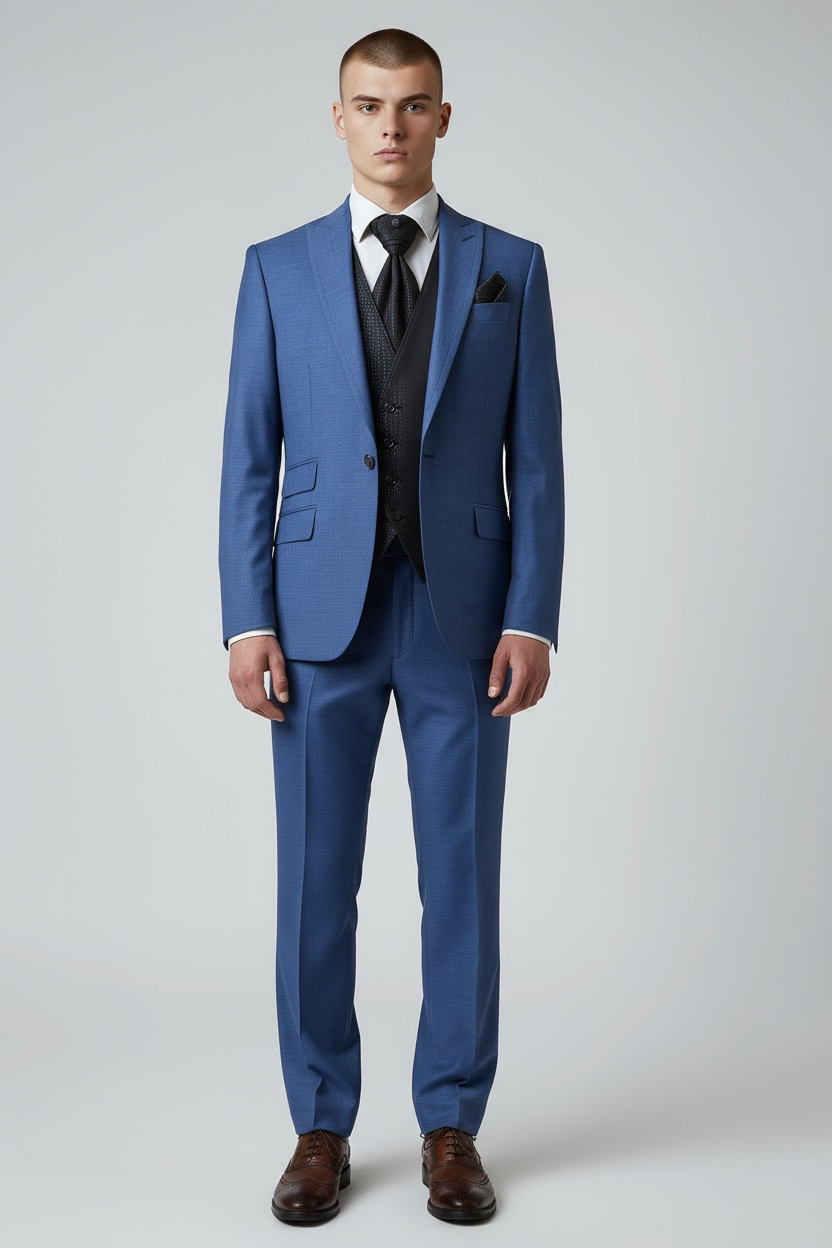 Eleganter 3-teiliger Anzug in Blau mit gemusterter Weste