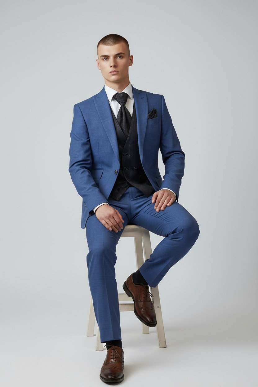 Eleganter 3-teiliger Anzug in Blau mit gemusterter Weste