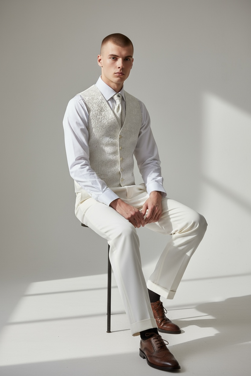 Eleganter 3-teiliger Anzug in Beige mit gemusterter Weste