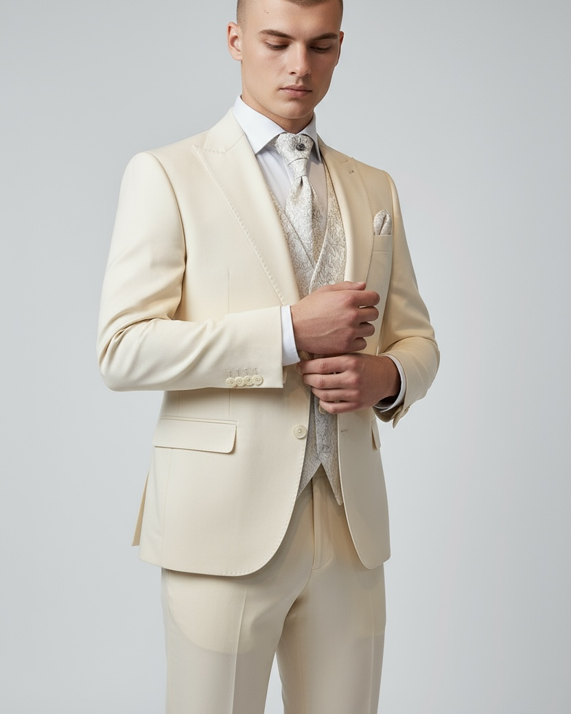 Eleganter 3-teiliger Anzug in Beige mit gemusterter Weste