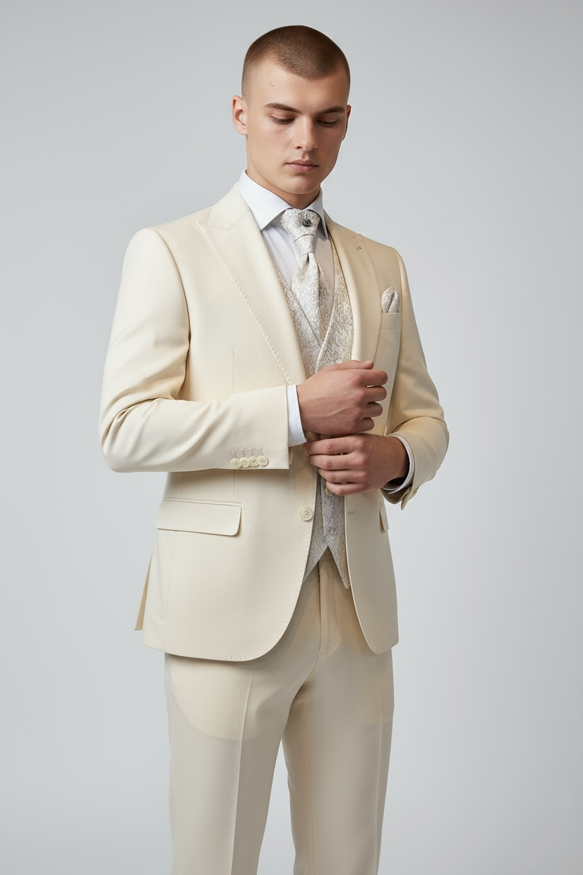 Eleganter 3-teiliger Anzug in Beige mit gemusterter Weste