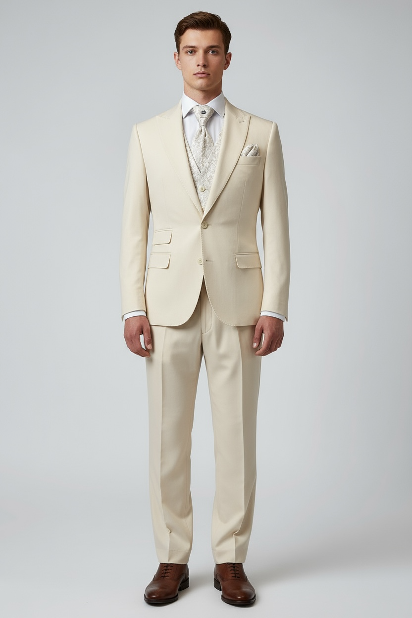 Eleganter 3-teiliger Anzug in Beige mit gemusterter Weste