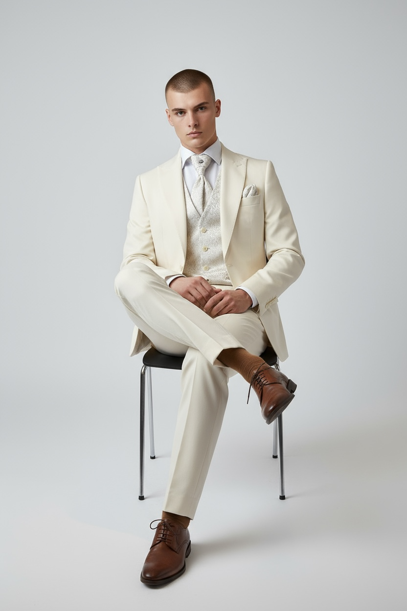 Eleganter 3-teiliger Anzug in Beige mit gemusterter Weste