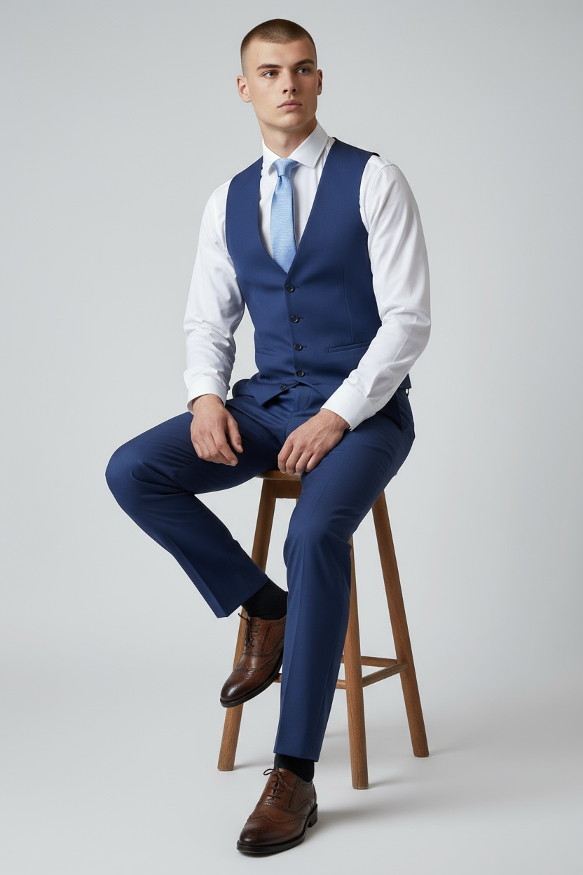 Eleganter 3-teiliger Anzug in Blau mit gemusterter Weste