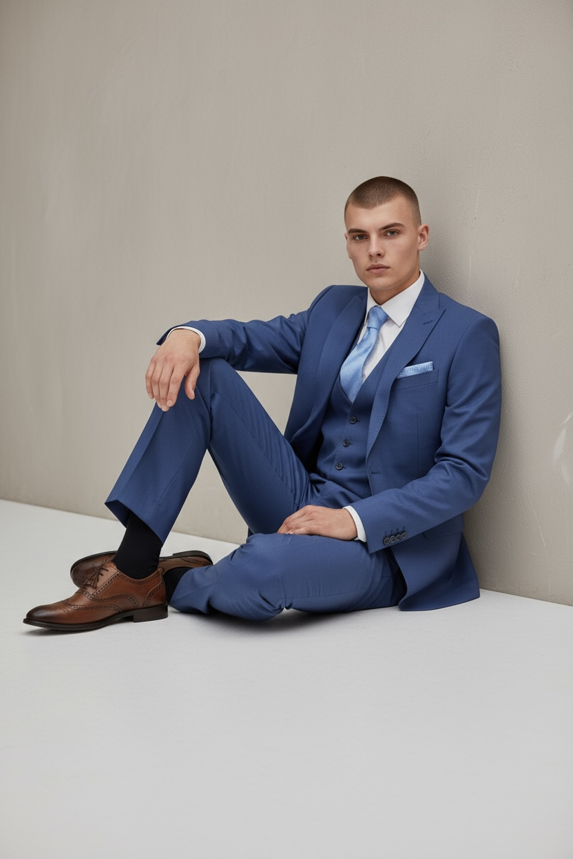 Eleganter 3-teiliger Anzug in Blau mit gemusterter Weste