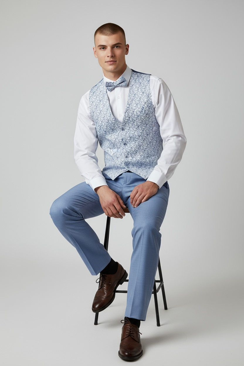 Eleganter 3-teiliger Anzug in Blau mit gemusterter Weste