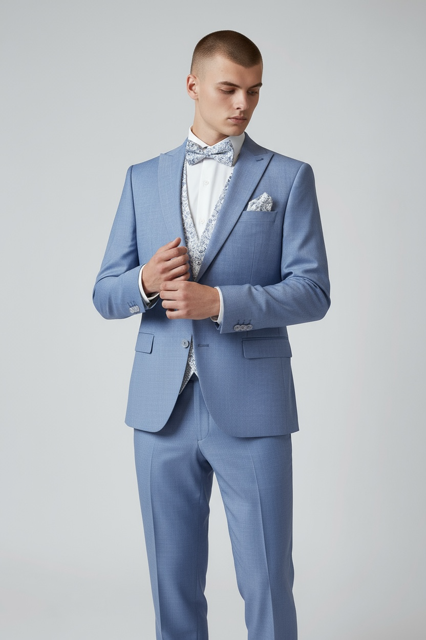 Eleganter 3-teiliger Anzug in Blau mit gemusterter Weste